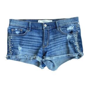 Abercrombie & Fitch Denim Rhinestone Shorts Size 4 Pockets Studs Raw Hems EUC
